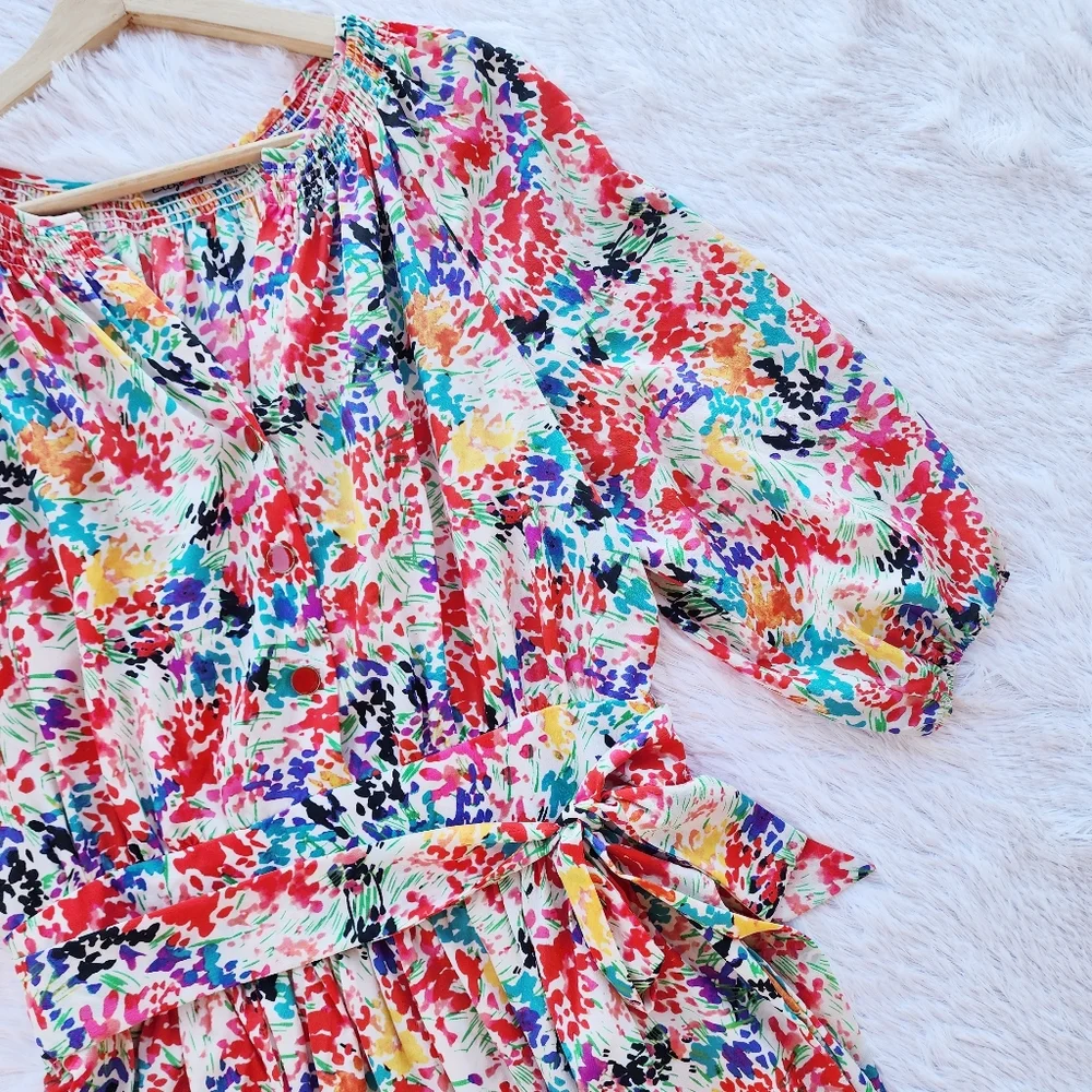 Eliza J Colorful Floral Print Smocked Balloon Sleeve‎ Mini Dress